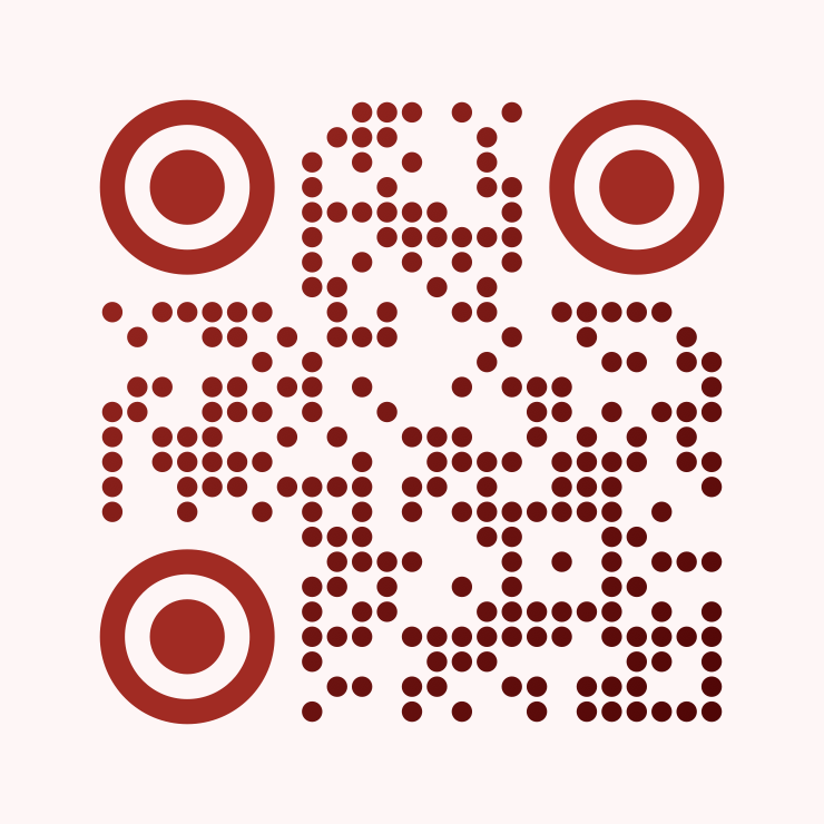 QR code with crimson dots and a diagonal gradient.