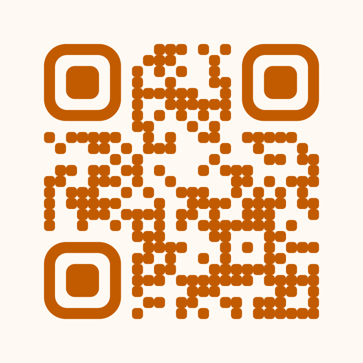 QR code with rounded amber modules and rounded finder eyes.