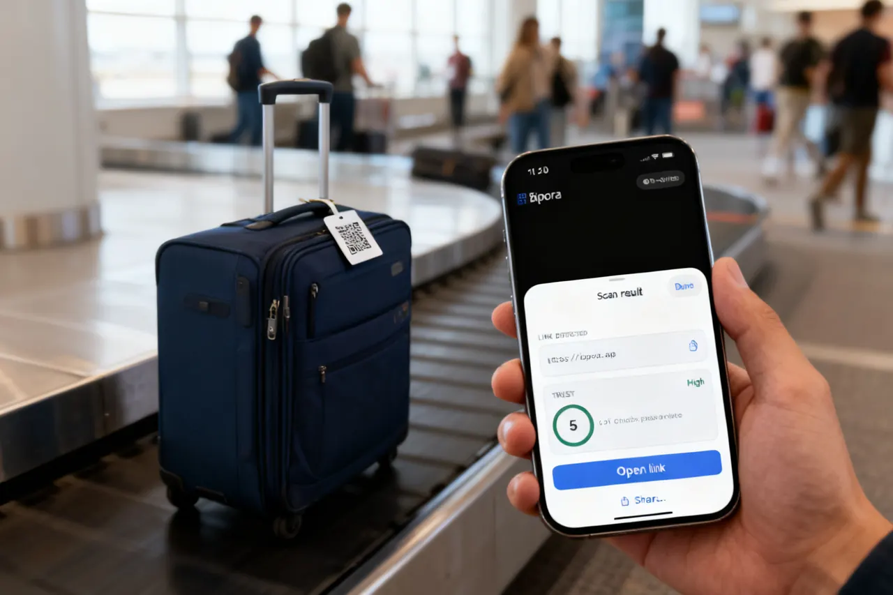 At an airport baggage carousel, a traveler scans the QR luggage tag on a suitcase with an iPhone.