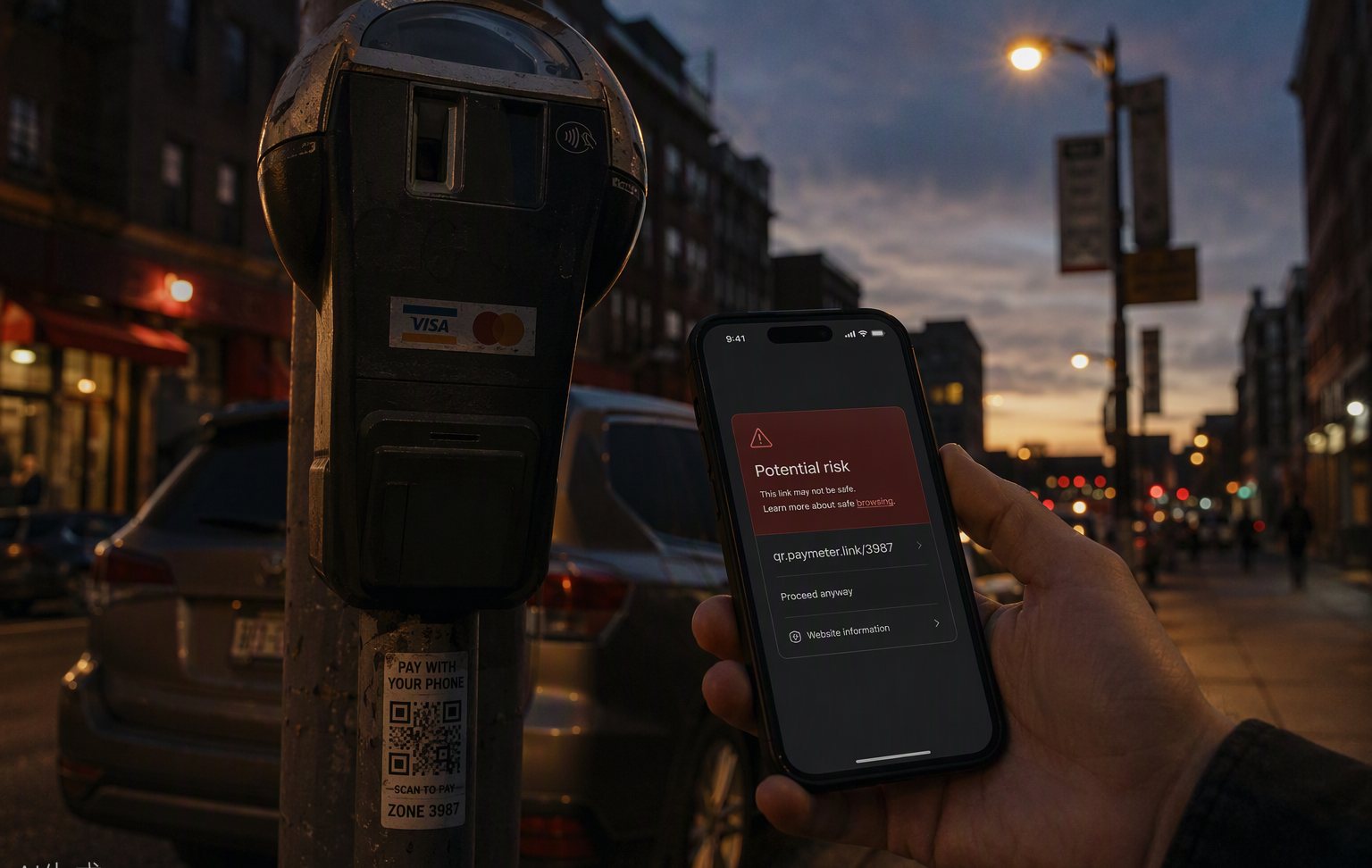 A dusk street parking meter with a QR sticker; a phone in the foreground shows a red Potential risk warning card