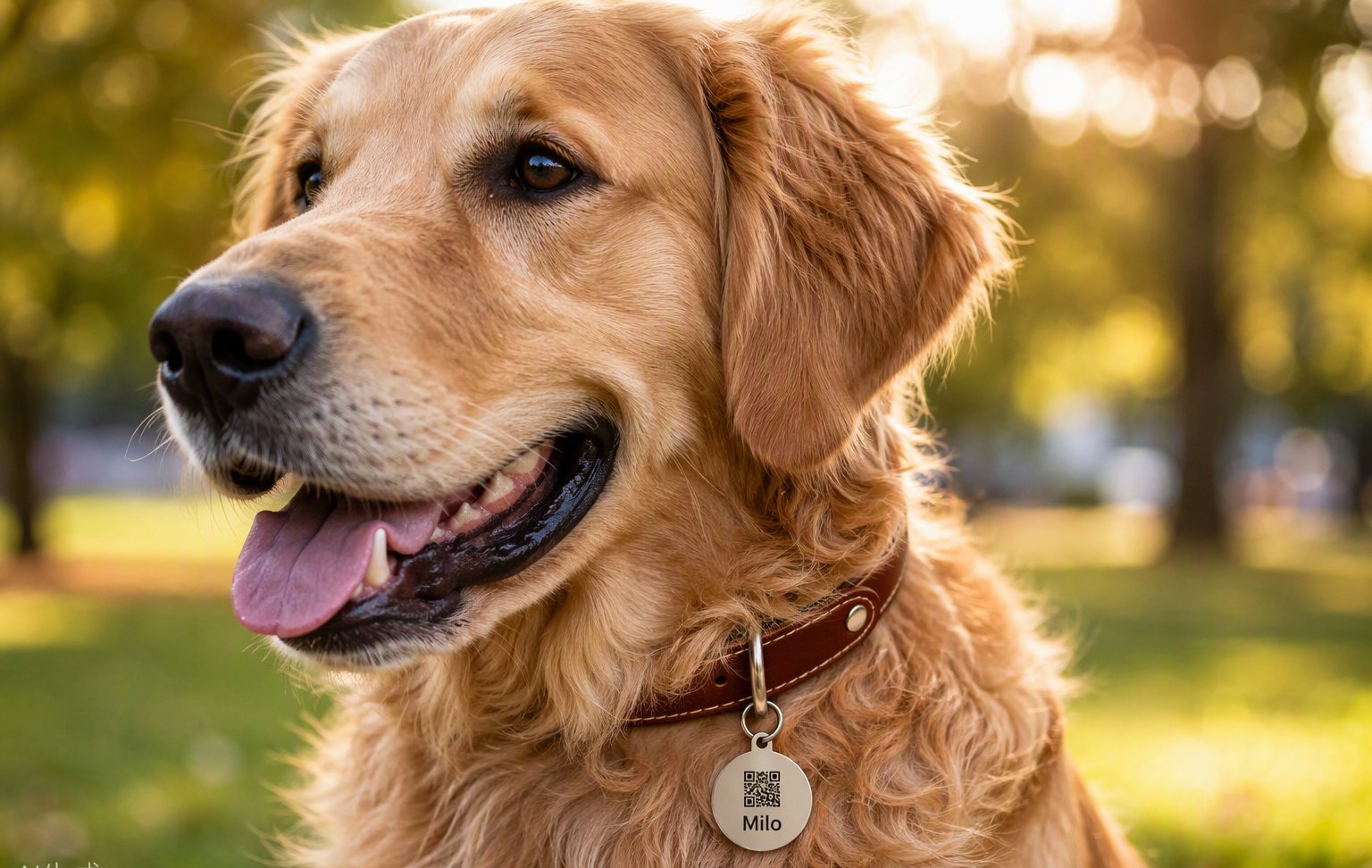 A golden retriever wearing a collar tag engraved with a QR code and the name Milo