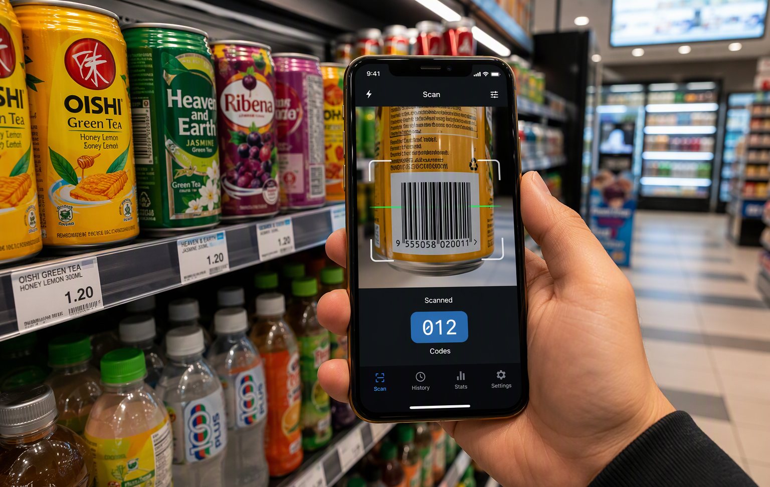Hand holding an iPhone scanning a product barcode on a store shelf; the screen shows a batch counter reading 012 codes