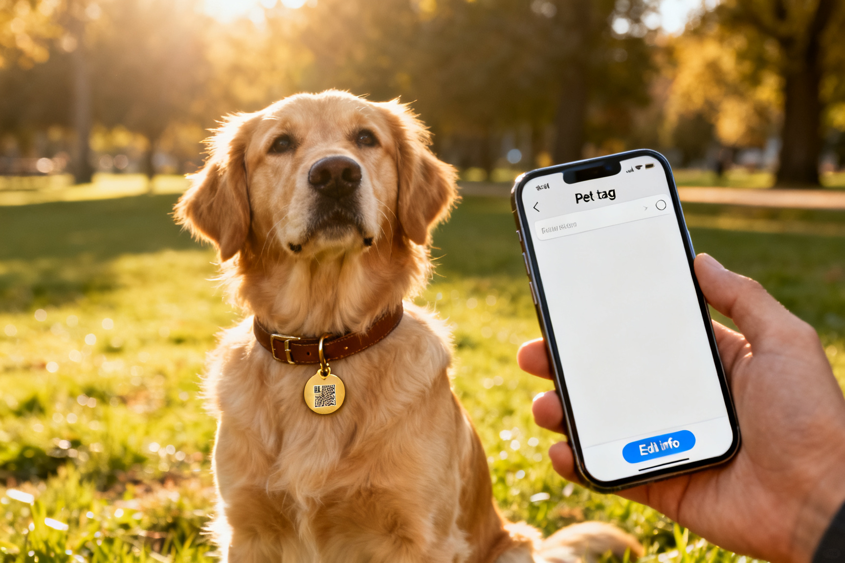 A golden retriever on a porch at dusk wears a collar tag with a QR code; the owner scans it with an iPhone.