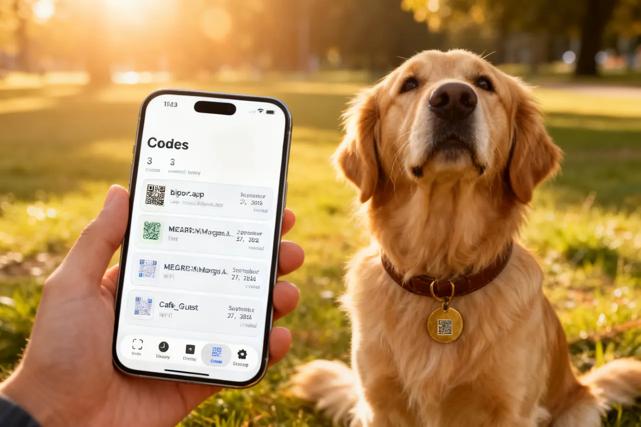 A golden retriever on a porch at dusk wears a collar tag with a QR code; the owner scans it with an iPhone.