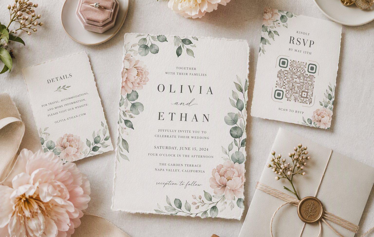 A wedding invitation suite with watercolor florals and an RSVP card carrying a QR code