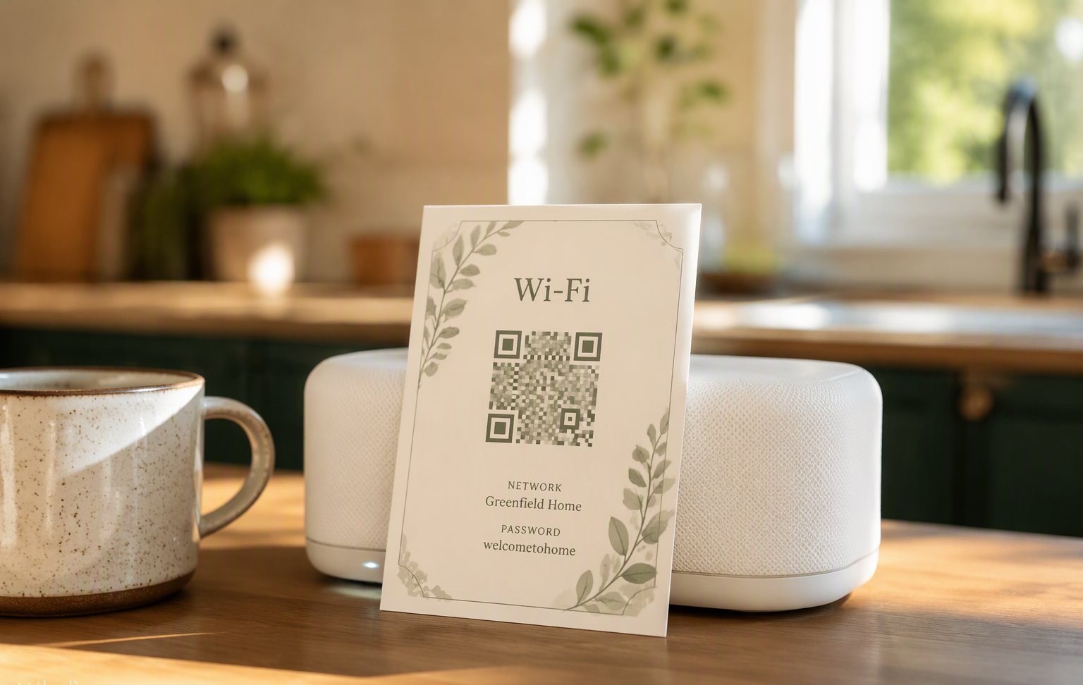 A printed Wi-Fi card with a botanical border and QR code leaning on a home router in warm kitchen light
