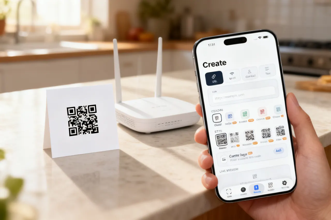 On a living-room table at night, a printed tent card stands beside a glowing smartphone.